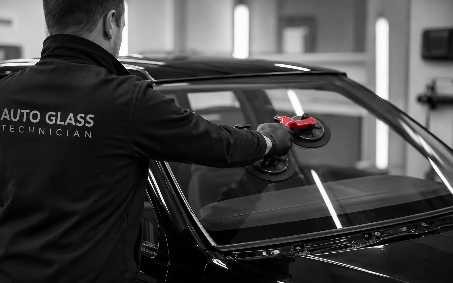 A Family Auto Glass technician setting a new windshield with a suction-cup tool